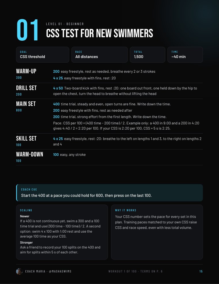 Page 15: workout 1, the CSS test for new swimmers