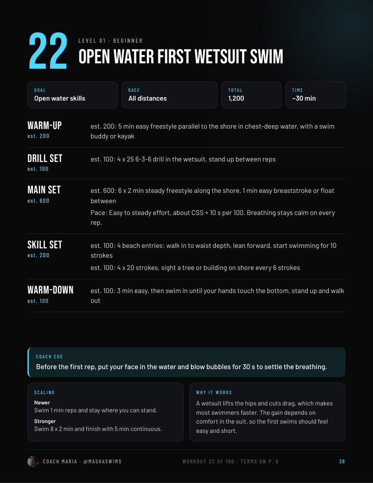 Page 36: workout 22, open water first wetsuit swim